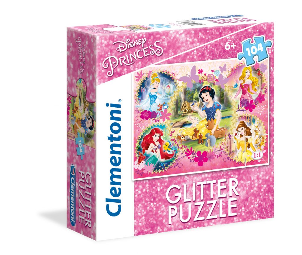 104 db-os SuperColor Csillámos puzzle négyzet alakú dobozban - Disney Hercegnők